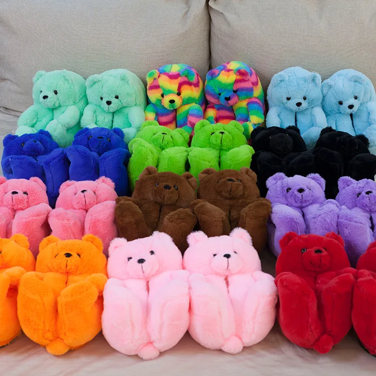 

2021 New Winter Kids Teddy Bears Slippers Fuzzy Fluffy House Fur Slippers Plush Teddy Bear Slippers For Women Girls, 7 colors available