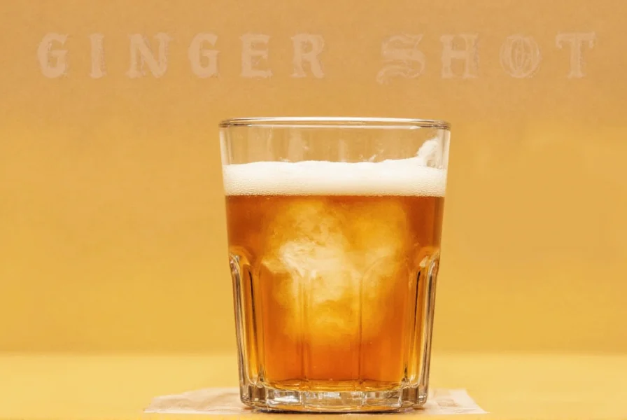 Person holding a small shot glass of golden ginger liquid against a clean kitchen background