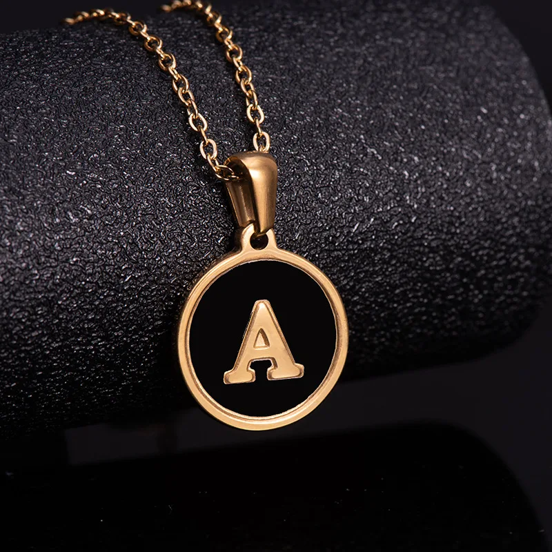 

Word Chain Fashion Stainless Steel Gold Chain Alphabet Round Black Shell 26 Letter Pendant Choker Necklace for Women Jewelry