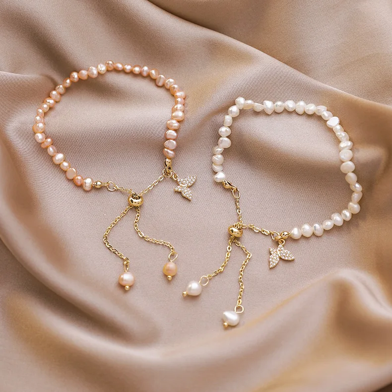 

Fashion Elegant Natural Baroque Pearl Bracelet Adjustable Chain Cubic Zircon Butterfly Charm Bracelet, As picture showed