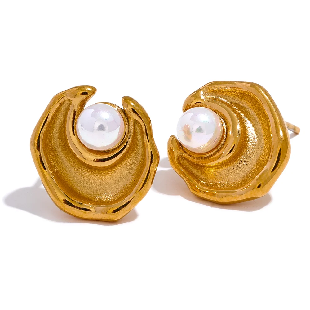 

JINYOU 959 Vintage Pearls Stainless Steel Moon Stud Earrings Stylish Golden Chic Jewelry Boucle Oreilles Acier Inoxydable