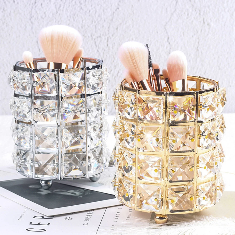 

Europe Metal Makeup Brush Storage Tube Eyebrow Pencil Holder Makeup Organizer Racks Crystal Jewelry Storage Box, Gold,silver