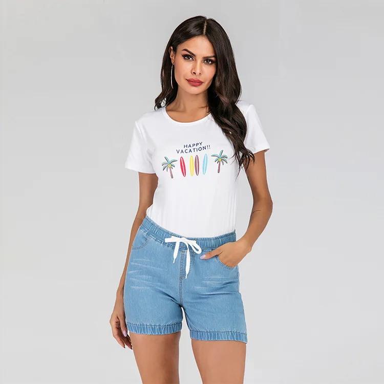 

GZ-ALG007B New Arrival Fashion Women Plus Size Jean Shorts Elastic Waist Blue Ladies Denim Short Trousers