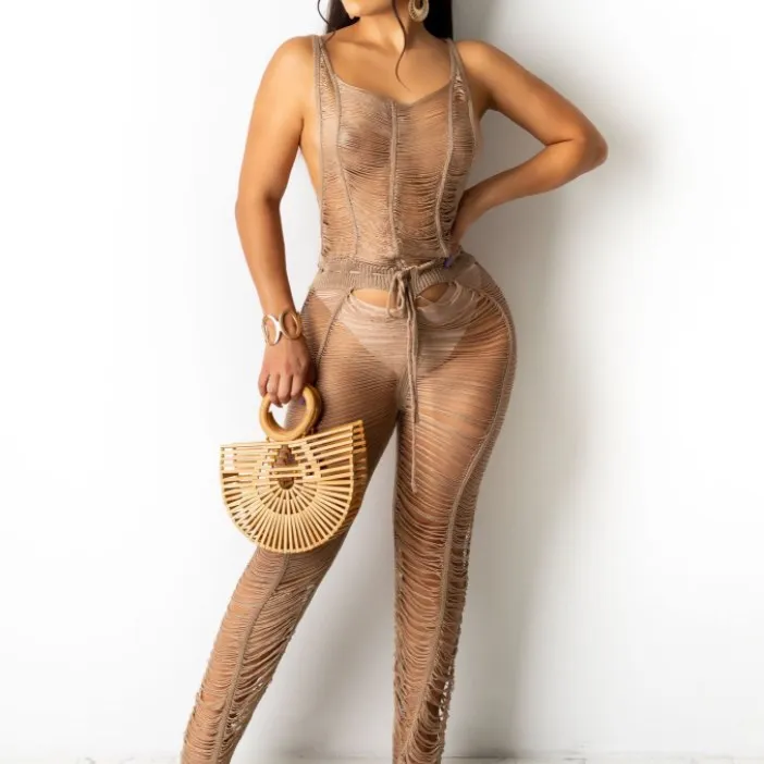 

Wholesale Solid color knit hollow casual one-piece beach pants Summer Hot Holiday Playsuit One Piece Outfit 2021, 4 colors