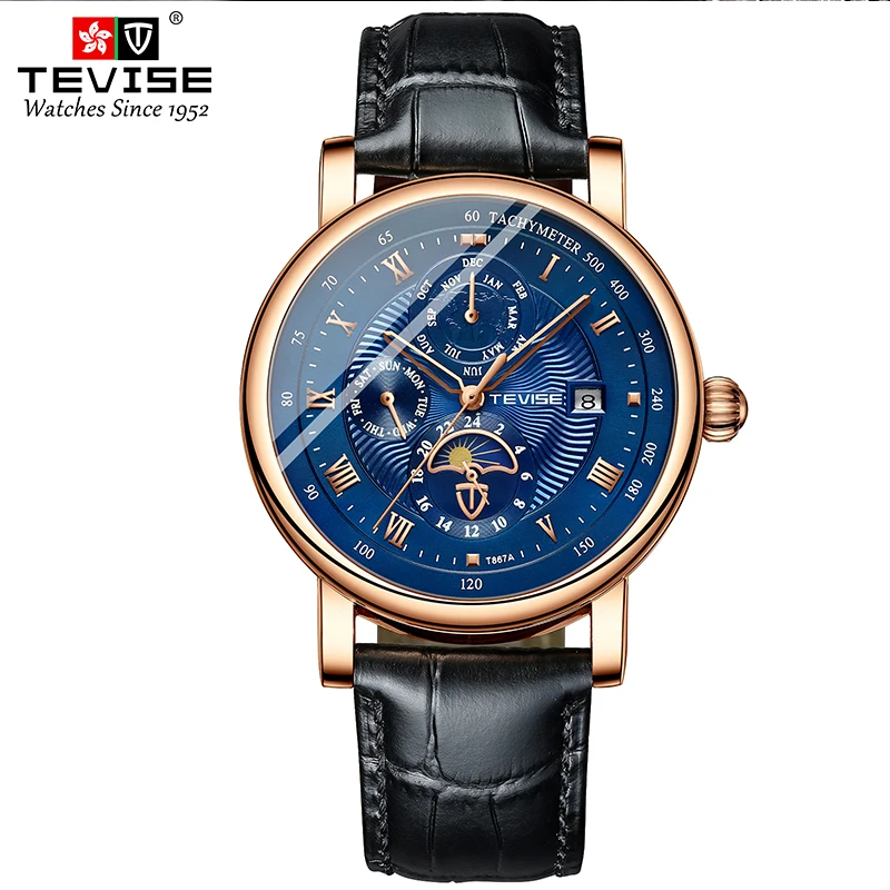 

TEVISE T867A Multi-function dial moon phase waterproof mechanical watch, 5 colors