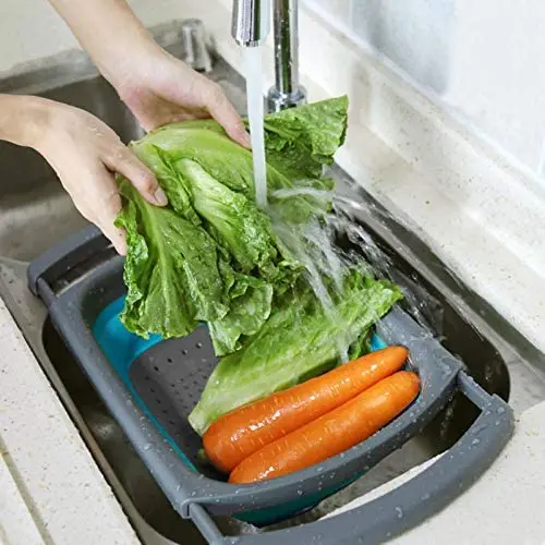 

Amazon Hot Sale Telescopic folding drain basket silicone washing vegetable & fruit basket for kitchen cooking drain Basket