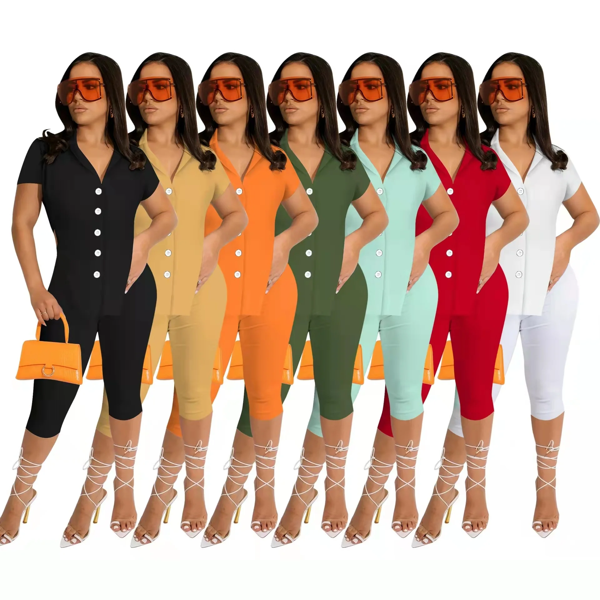 

2022 New Arrivals Sexy Cut Out Short Sleeve Shirt With Short Two Piece Set Female Clothes Summer Outfit
