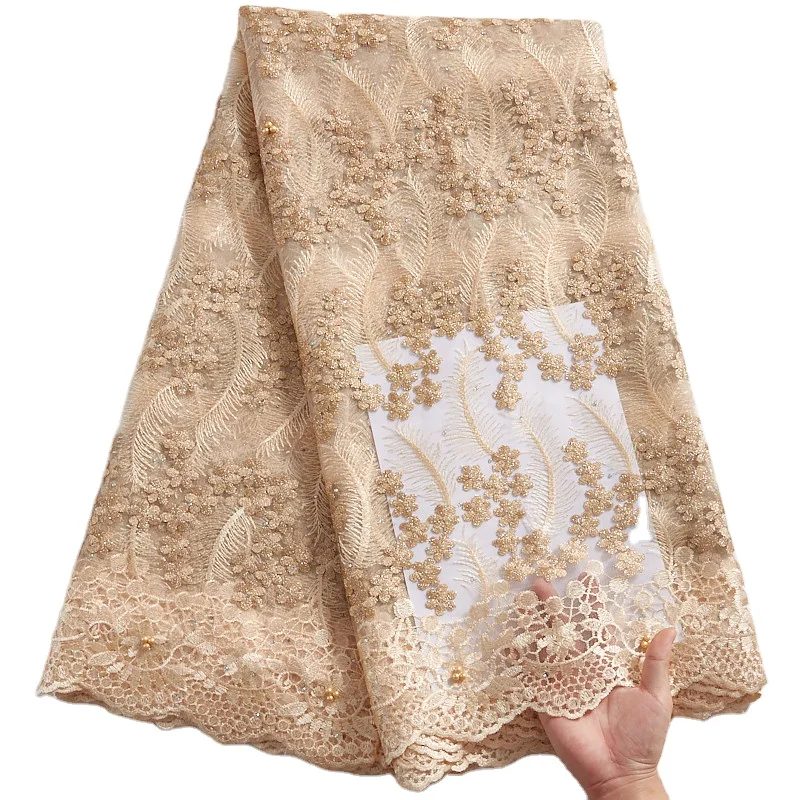 

2334 Champagne African French Lace Fabric With Stones Nigerian Embroidered Flower Tulle Net Lace Fabric For Party, Shown