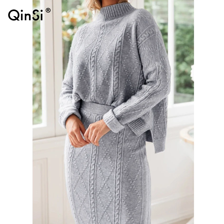 

QINSI Herfst Winter Vrouwen Trainingspak Effen Kleur Gestreepte Coltrui En Elastische Broek Past Gebreide Tweedelige 2 Set