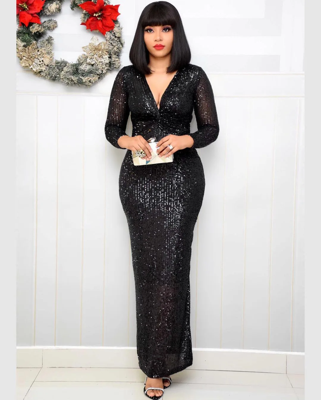 

Hot selling Elegant V-neck Long sleeves Sexy sequined fishtail evening dress party dress, As showed