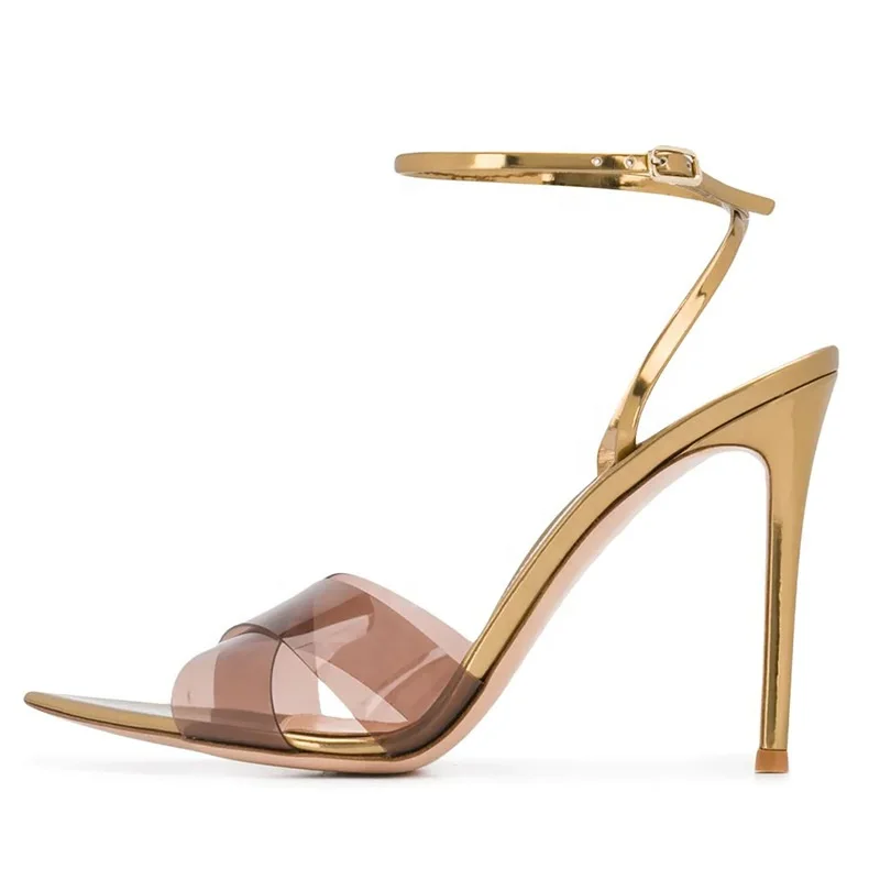 

New Arrivals Cross Band Women High Heel Sandals Ankle Strap Buckles Dress Shoes PVC Stiletto Pumps, Brown