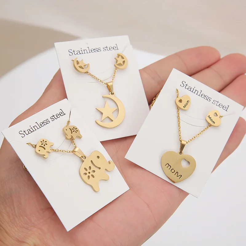 

Simple Stainless Steel Mom Heart Necklace Earrings Sets Wish Card Gifts Flower Butterfly Necklace Stud Earrings Sets for Women