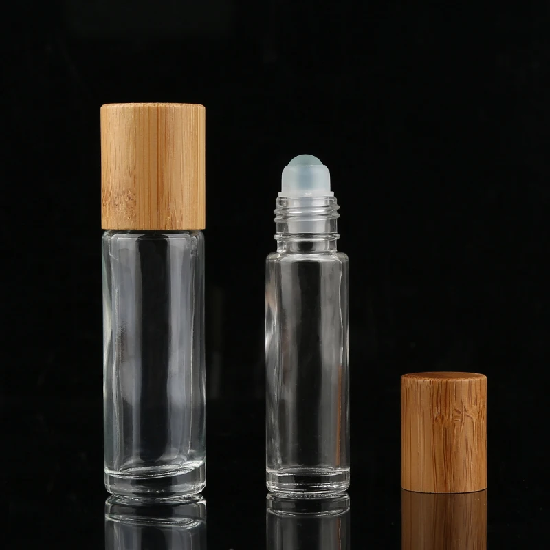 

10ml Eye Serum Clear Glass Roll On Bottle Bamboo Cap Empty Essential Oil Packaging Eye Serum Roller Bottle With Roller