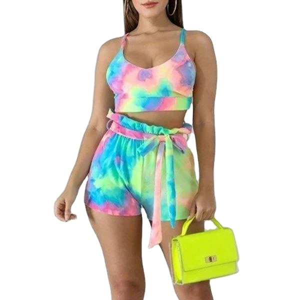 

2021 cross border European and American women's summer new suspender vest casual shorts tie dye color sexy fashion suit