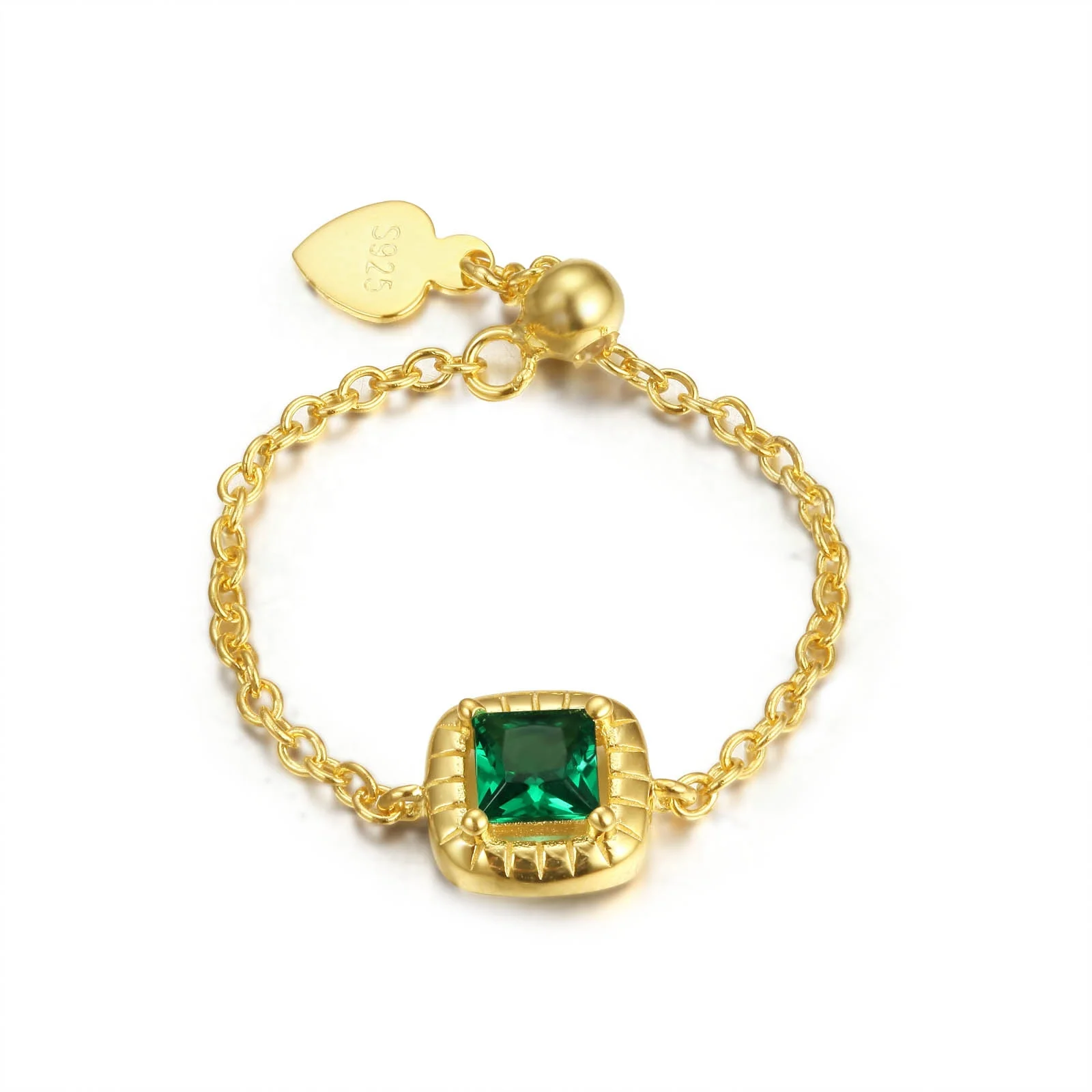

Custom Luxury Women Jewelry Gold Plated 925 Sterling Silver Square Green CZ  Chain Ring for Women