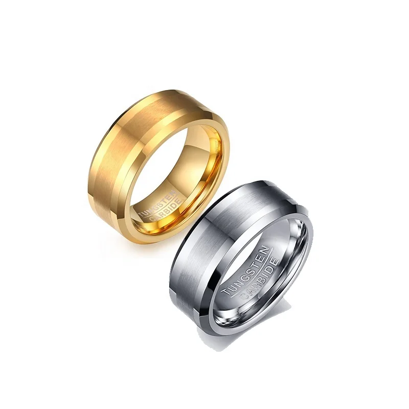 Poya 8mm Gold Plated Wedding Band Brushed Matte Center Polished Beveled Edge Tungsten Ring for Men