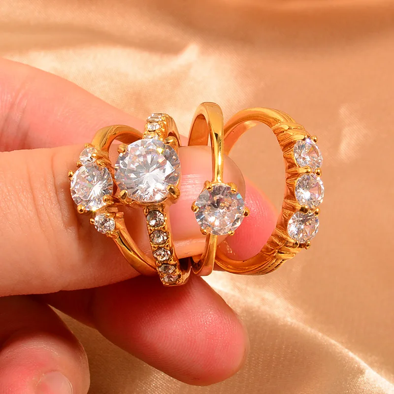 

Stainless Classic Wedding Cubic Solitaire Gold Plated Jewelry Women Promise Zircon Ring