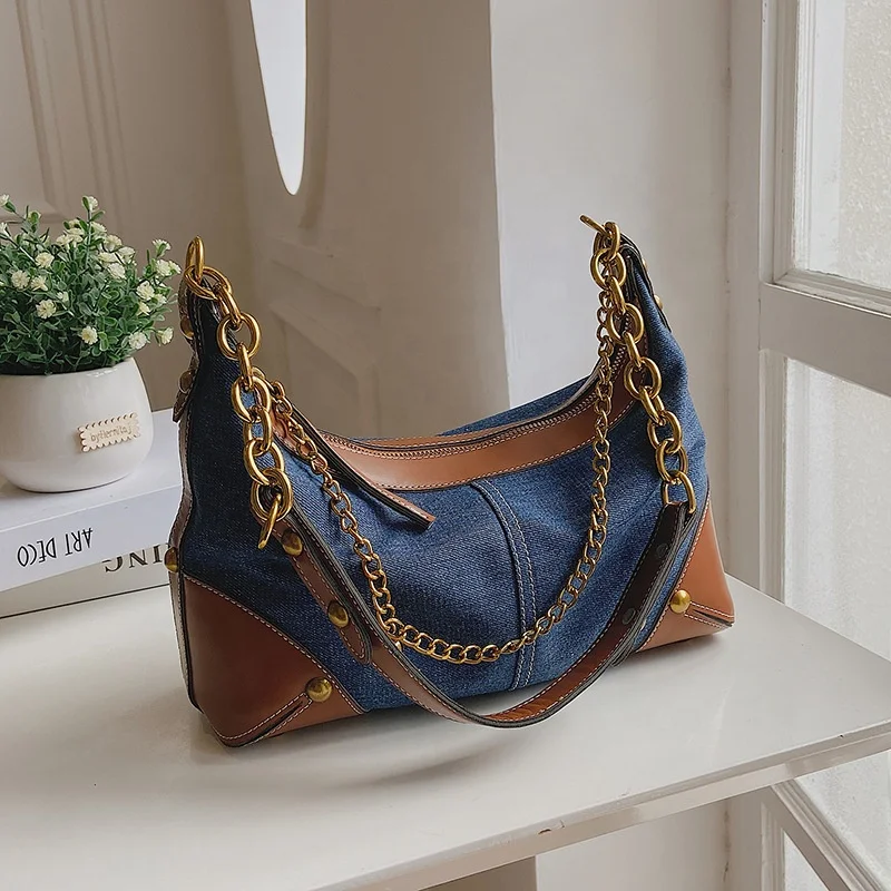 

2021 autumn and winter new trend denim fabric one-shoulder messenger bag fashion lady chain underarm bag