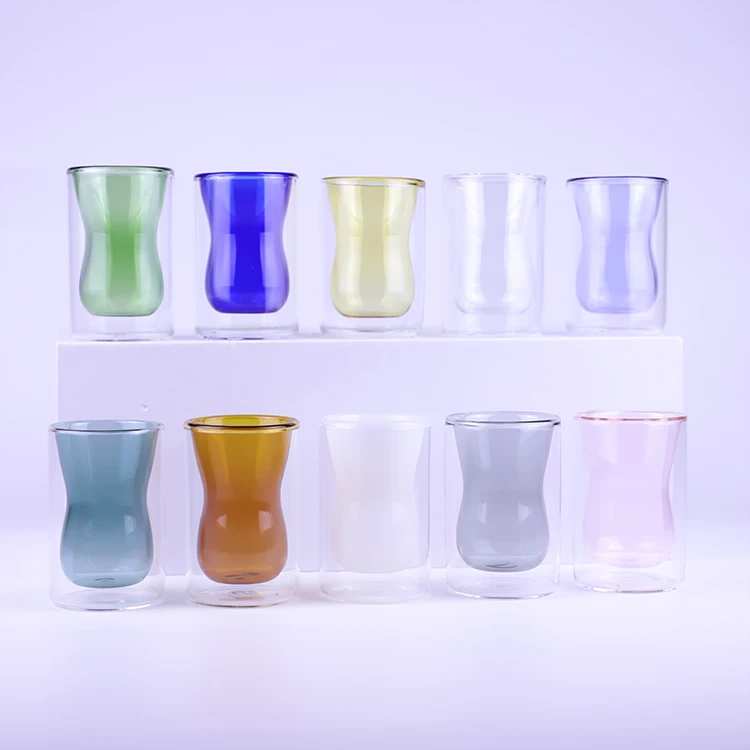 

DDP OEM ODM LOGO printing customize christmas glass mug double wall glass coffee cup, Clear,blue,green,yellow,amber,teal,pink,purple,ect