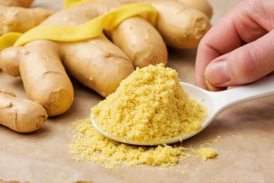 Fresh ginger roots being peeled with a spoon for homemade powdered ginger production