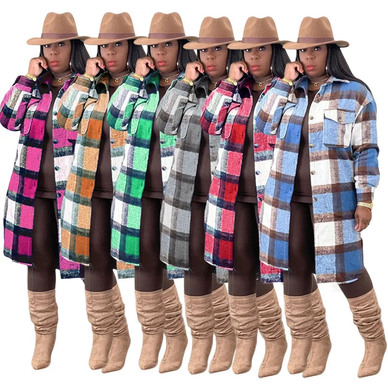 

Fall Winter Warm Womens Coats Casual Lapel Button Down Long Plaid Shirt Coat Tartan Shacket Plaid Jacket