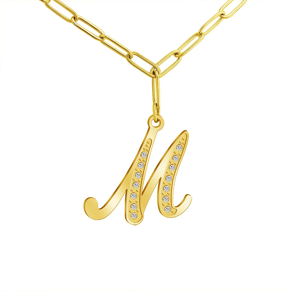 

RFJEWEL 2021 New Gold Color Initial Alphabet M diamond Pendant Necklace Fashion Stainless Steel Chain Necklace Women Jewelry