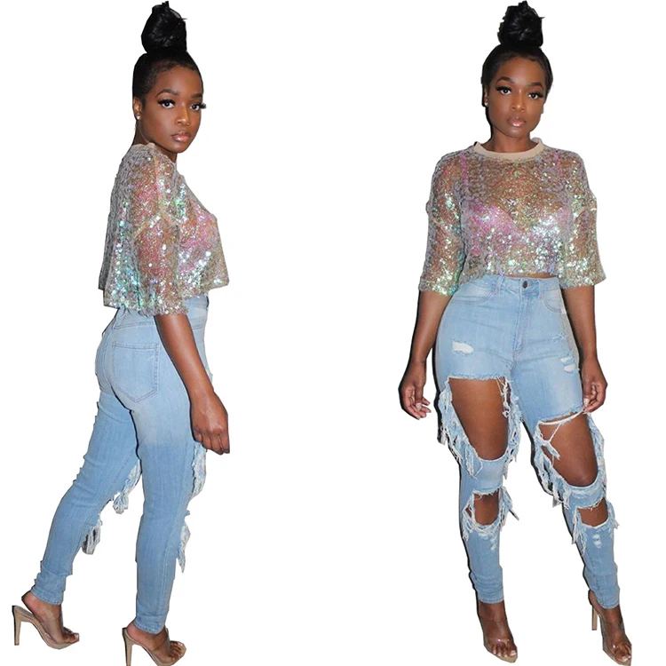 

DN8281 New Style Mid-Sleeve Sexy Club Crop Tops T-Shirts Women Fashion Tops Woman