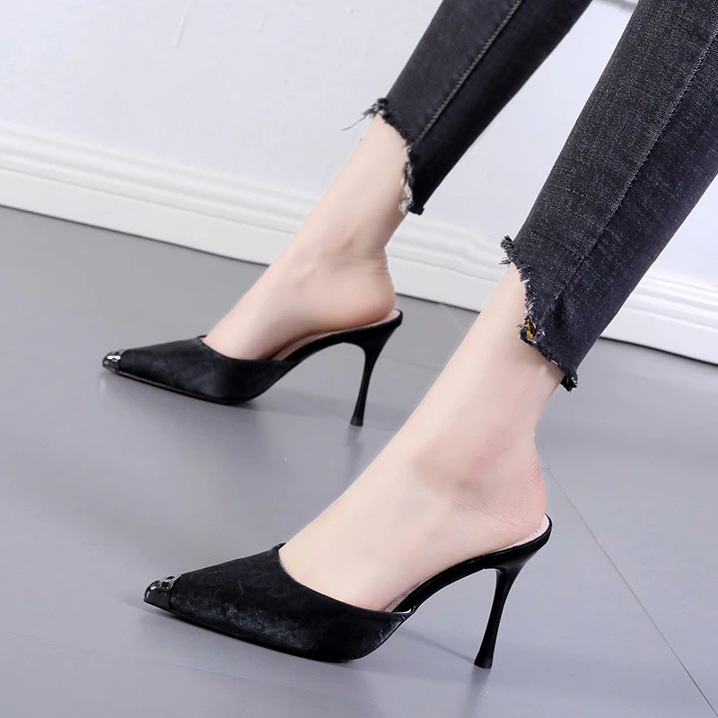 

113539 Faux suede high thin heel women loaders mules steel pointed toe lady sliders summer fashion female closed-toe slippers