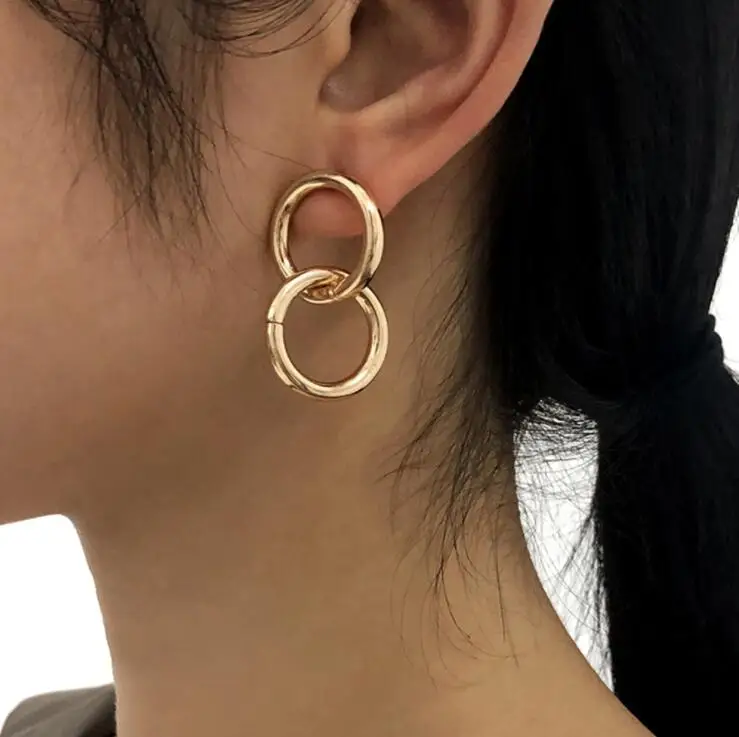 

Stainless steel Wholesale Hoop Earrings Double Circle Stud Interlinked Hoops Dangle Drop Gold Plated Double Hoop Earrings