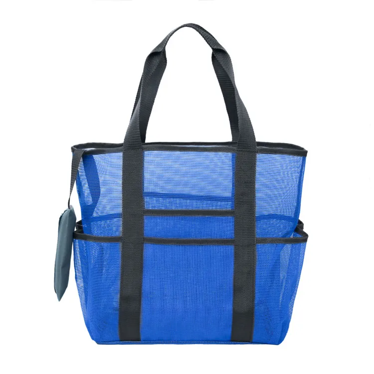

New Design Wholesale Custom Reusable Outdoor Travel Mesh Summer Beach Bag Tote with An Accessory Pouch, Black, white, yellow and blue