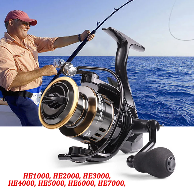 

HE1000-7000 Spinning Fishing Reels Fishing Drag 5.2:1 High for Inshore Boat Rock Freshwater Saltwater Fishing, Black