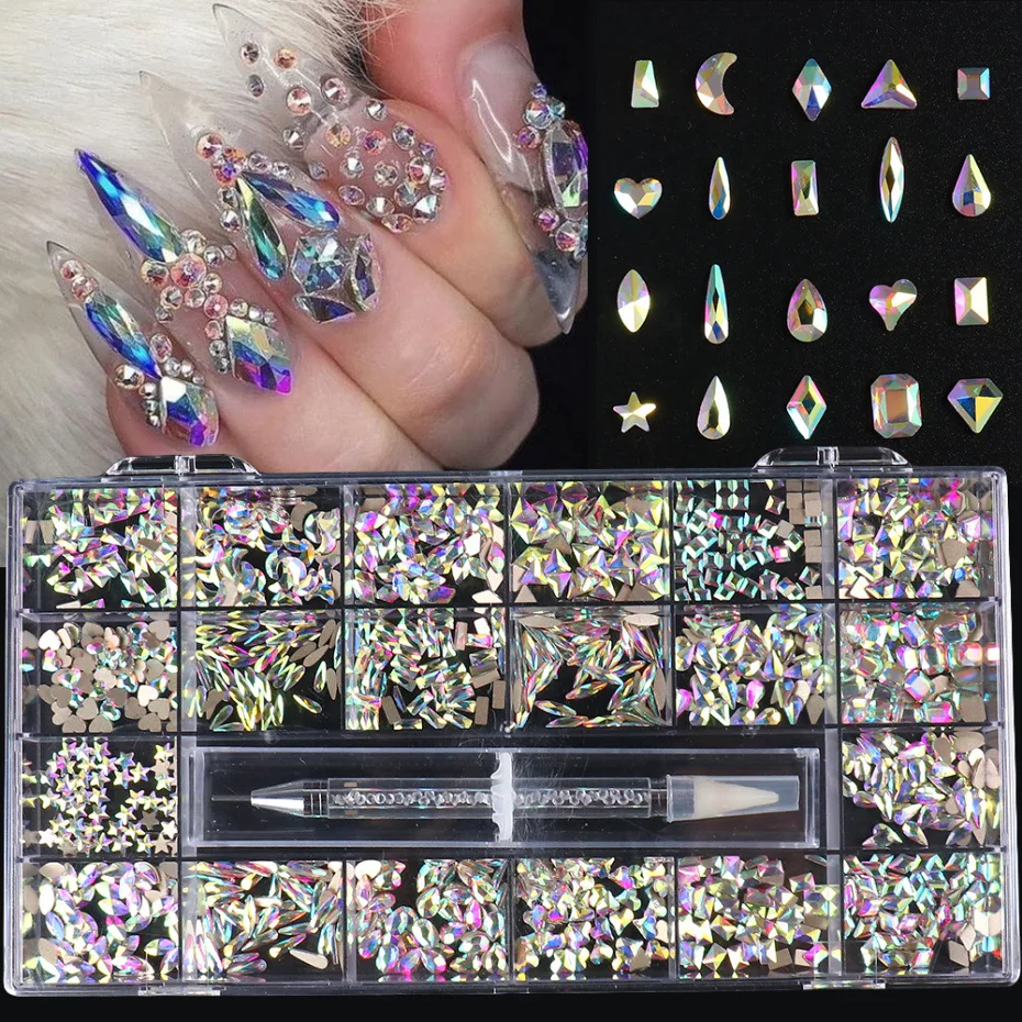 

Supplies Amazon Crystal AB Nail Art Decoration Mix Shapes In Box Flatback Glass Nail Diamond Rhinestone, 13 style