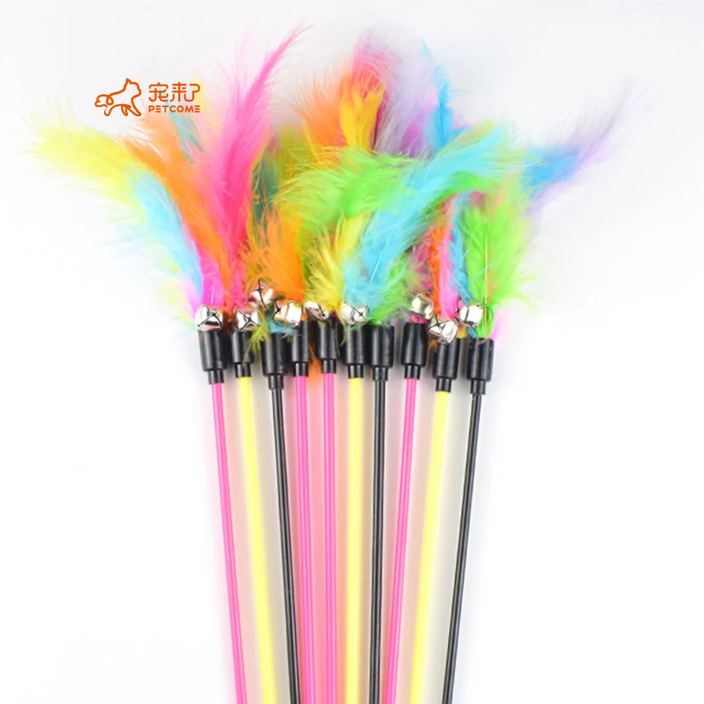 

PETCOME Factory Low Moq Hot Stylish Plastic Durable Fancy Feather Toy Cat Wand With Bell, As picture