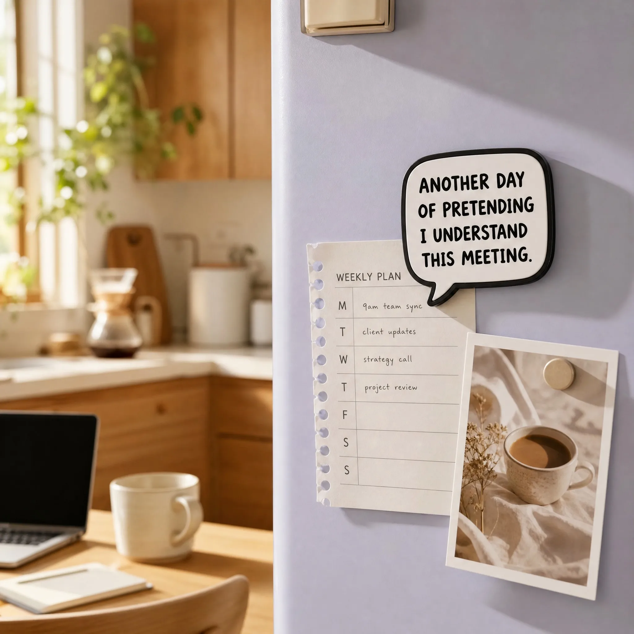 Humorous Meeting Magnet Holding Weekly Plan and Coffee Photo in Cozy WFH Kitchen Workspace