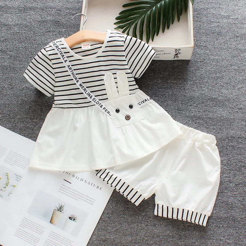 

Summer outfit new 2020 set Baby alphabet ribbon cartoon rabbit pocket striped short sleeved shorts two pieces clothing set, As pic shows, we can according to your request also