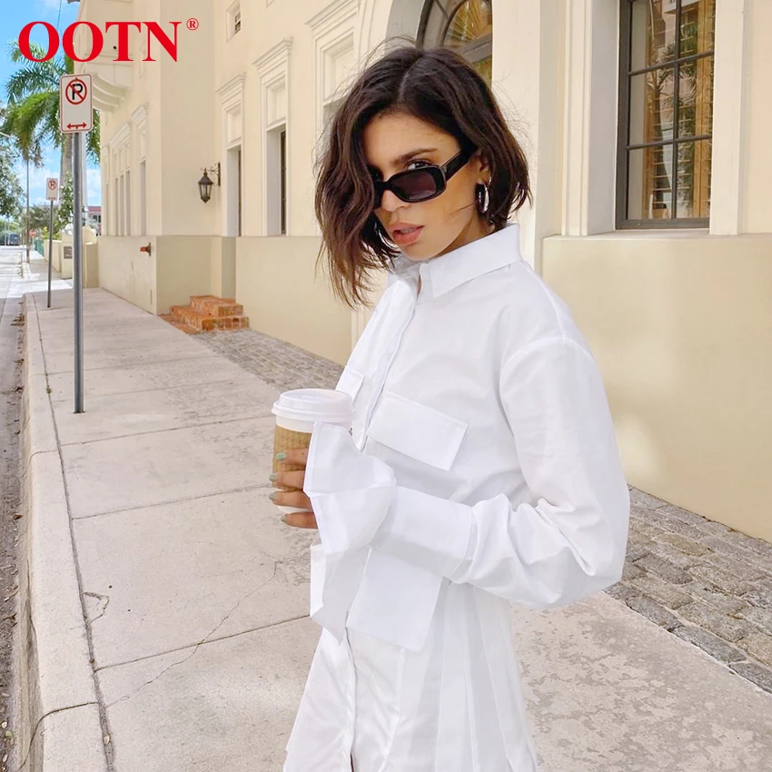 

OOTN Female Pocket Cotton Summer Green Vestido White Short A Line Dress Women Office Lady Dress Solid Casual Tunic Shirt Dress