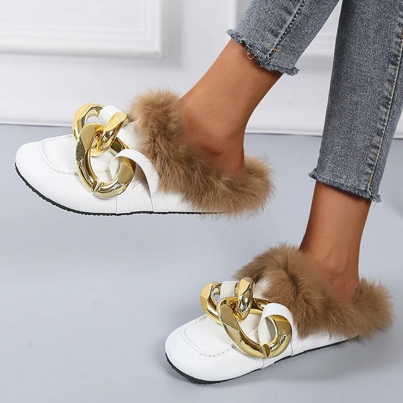 

2021 new fashion casual big size Baotou plus velvet slippers female metal chain big toe lazy shoes, White red blue black brown