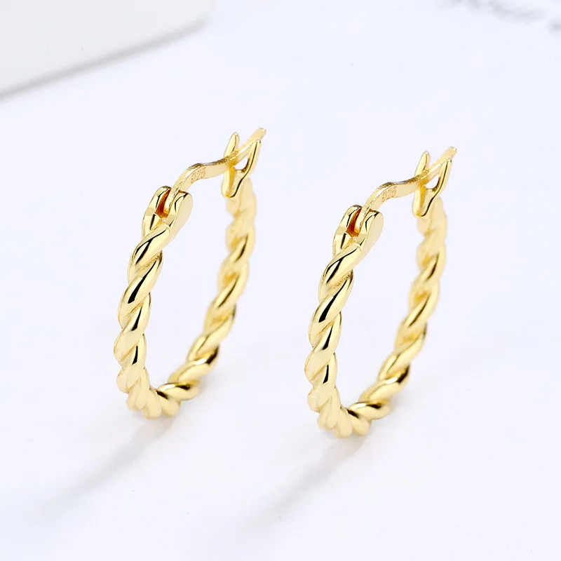 Fine Jewelry 925 Sterling Silver Big Earrings Minimalist Heavy Twist Shape Gold Plated Hoop Earrings for Women