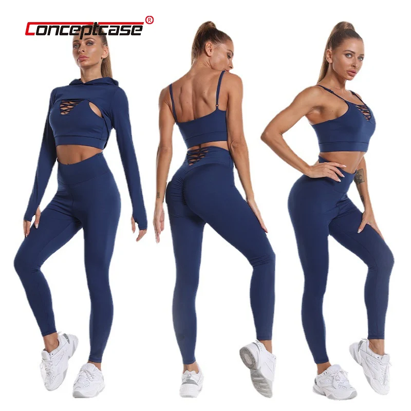 

2021 Fitness Workout Activewear Gym Sport Yoga Wear Set 3 Piece Long Sleeve Crop Top And High Waist Yoga Pants Seamless Yoga Set