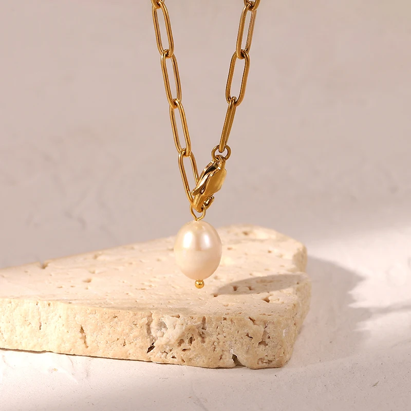 

Ins Style Chain Link Y Shape Natural Freshwater Pearl Gold Plated Jewelry Stainless Steel Pendant Necklaces for Women