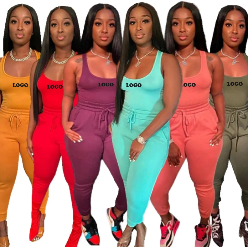 

2022 New Arrivals Custom Logo Trendy Girls Crop Top Pants Outfits Solid Sleeveless Workout Tracksuit 2 Piece Sports Set Women, Available