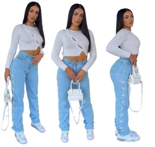 

Ladies Denim Bandage Pants Fall 2021 New Arrival Skinny Washed Jeans Pants For Women, Picture color