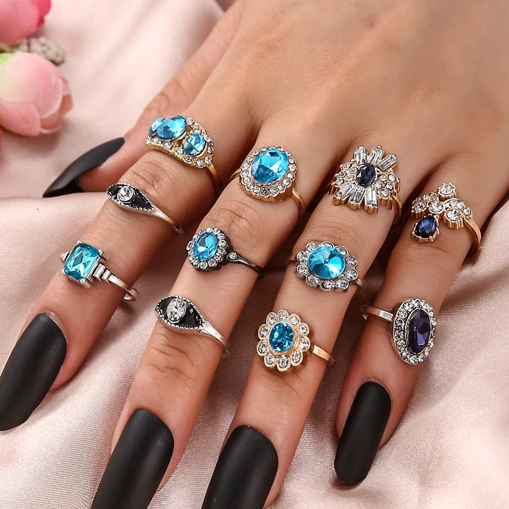 

VCU Ring Set Bohemian Gold Silver Rings Crystal Rhinestone Boho Jewelry