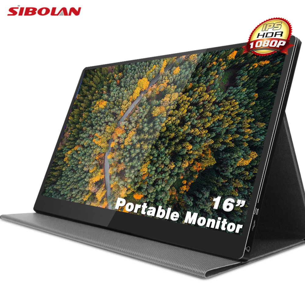 

Sibolan full hd 1080P monitor stand usb type c IPS for phone laptop PC leather cover gaming 16 inch touchscreen portable monitor