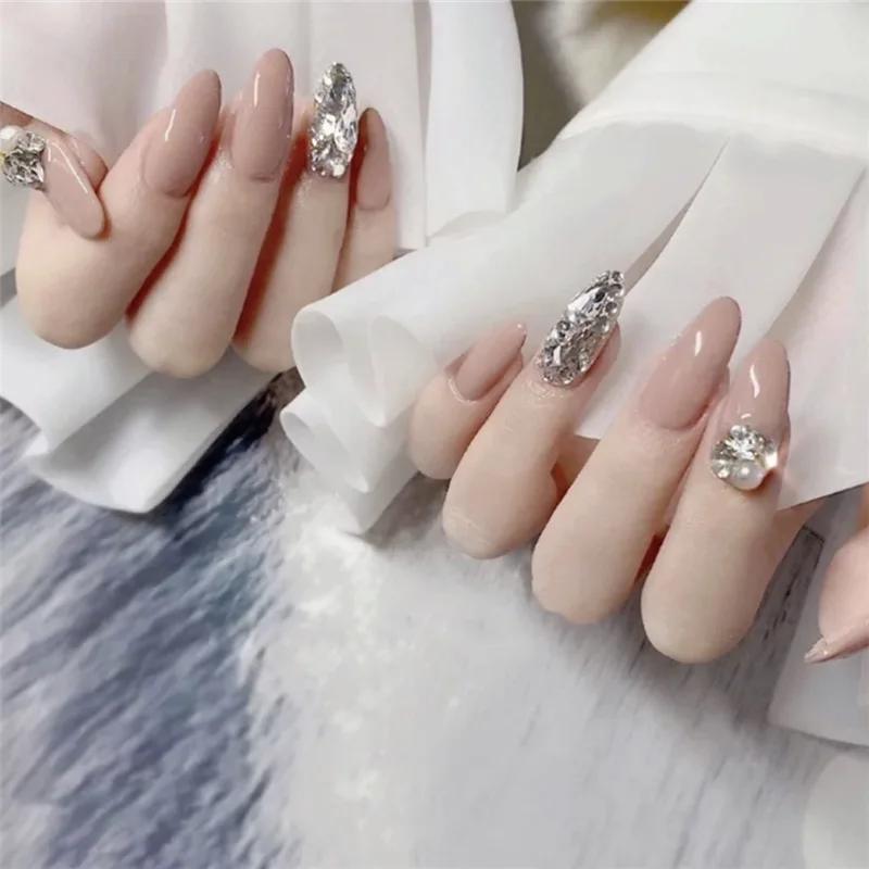 

Pink false nail rhinestone and pearl decoration short ballet nail detachable artificial fingernail