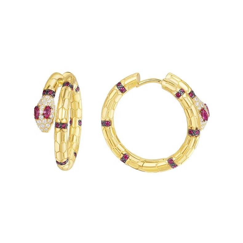 

Luxury snake Huggie Earrings set with red crystal diamond corundum snake god earrings bracelet set, Gold color