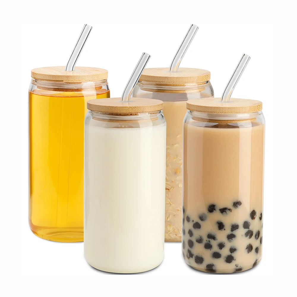 

Custom 16oz boba milk coffee can shaped glass cup with bamboo cover