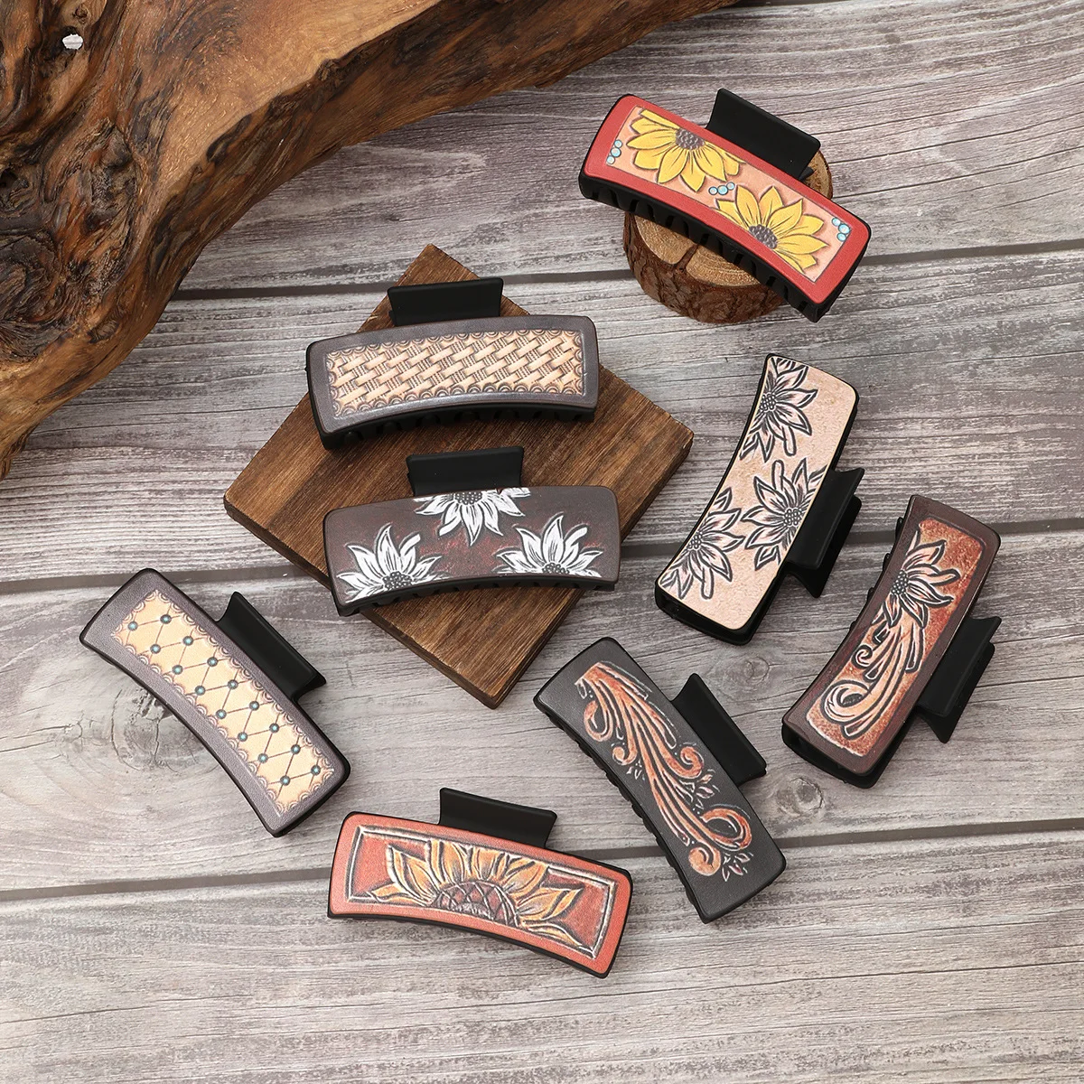 

Western Cowboy Style Leather Large Grab Clip Vintage Sunflower Cow Print Shark Clip For Women