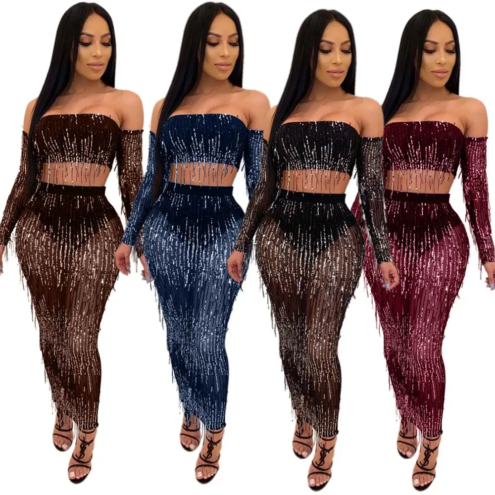 

LLDRESS 2020 new Fashion sexy perspective mesh sequins tassel women two piece pants set, Red, black, gold