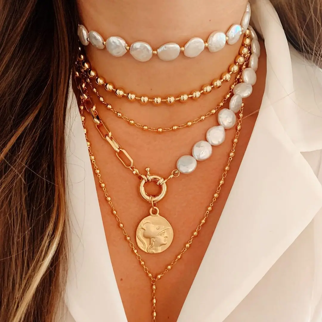 

Barlaycs 2021 Fashion Statement Coin Layered Choker Chain Pendant Pearl Layered Necklace Women Jewelry, Gold